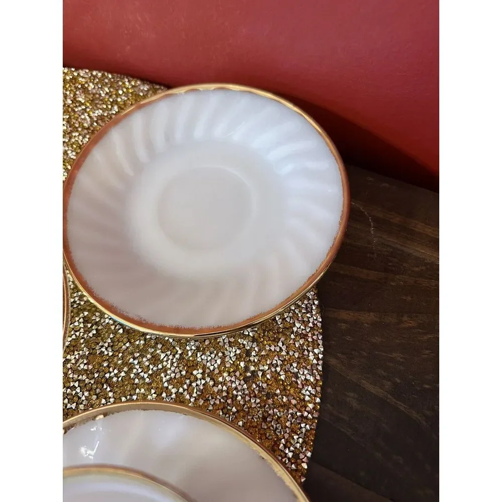 Vintage Fire King Oven Ware White Swirl Milk Glass‎ Gold Rim 2 Cup & 5 Saucers